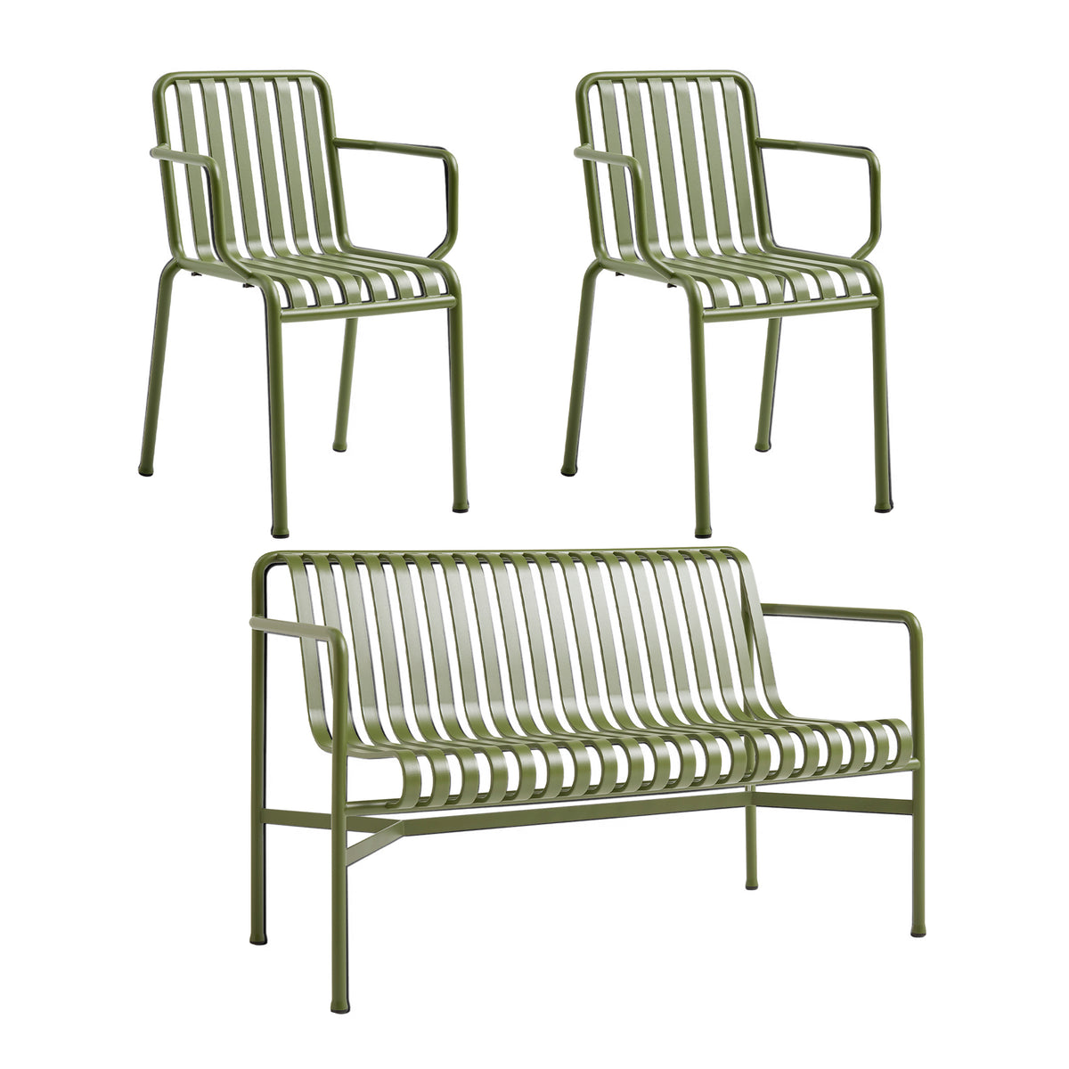 HAY - Palissade Dining Bench + 2x Armlehnenstuhl | olive